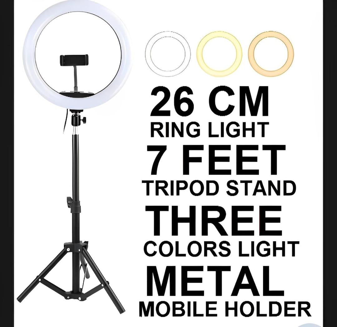 LED Ring Light with Metal Tripod Stand & Mobile Holder – 3 Color Lighting
