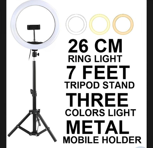 LED Ring Light with Metal Tripod Stand & Mobile Holder – 3 Color Lighting