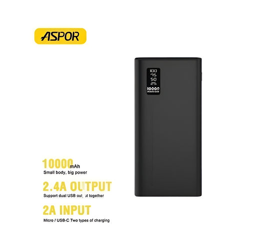 ASPOR A330 10000mAh Power Bank – Mini Size, Portable Travel Battery Pack with Fast Charging