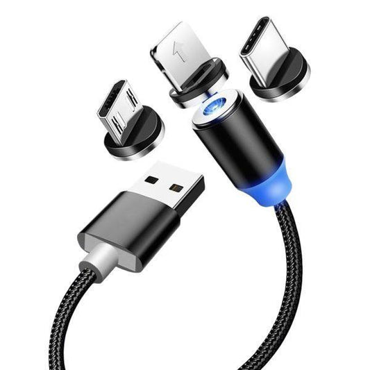 3-in-1 Magnetic Fast Charging Cable | Micro USB, Type-C & iPhone | 360° Rotation with LED