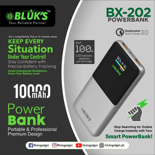 BX-202 Power Bank – 10,000mAh Portable Charger with Dual USB-C & USB-A Ports