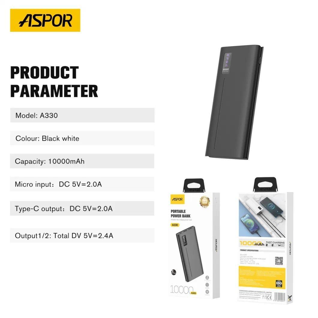 ASPOR A330 10000mAh Power Bank – Mini Size, Portable Travel Battery Pack with Fast Charging