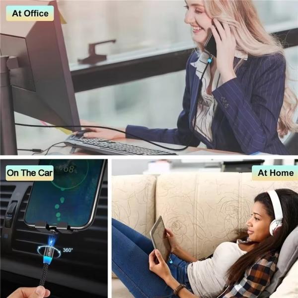 3-in-1 Magnetic Fast Charging Cable | Micro USB, Type-C & iPhone | 360° Rotation with LED