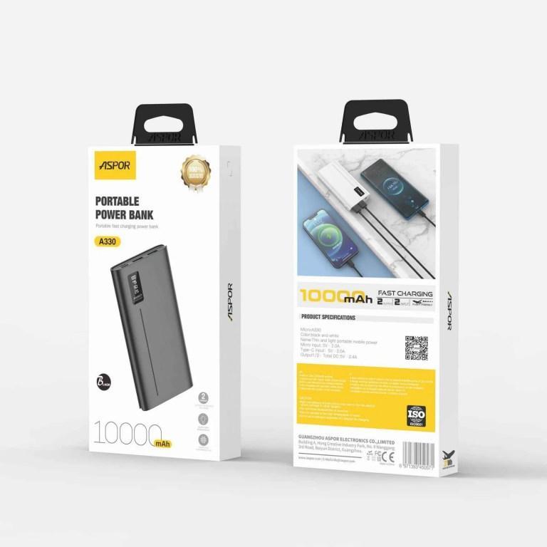 ASPOR A330 10000mAh Power Bank – Mini Size, Portable Travel Battery Pack with Fast Charging